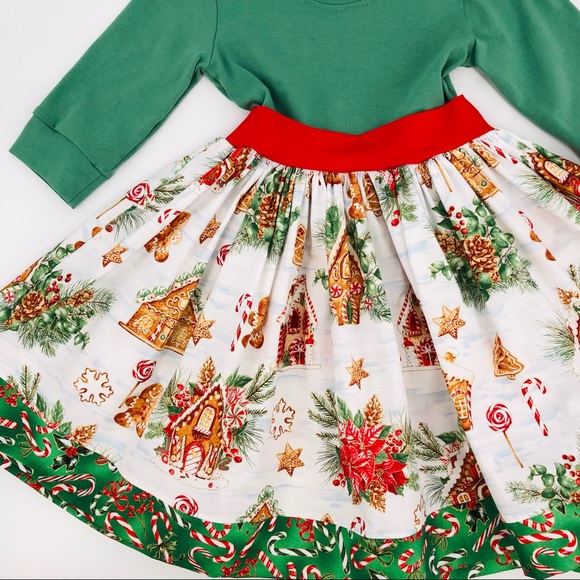 KPea Original Gingerbread Print Green Holiday Christmas Dress Cotton NEW - Picture 4 of 10